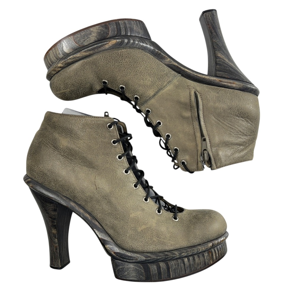 Calleen Cordero Lace Up Wood Platform Heel‎ Ankle Booties Women's Size 7.5 Gray - Picture 7 of 9